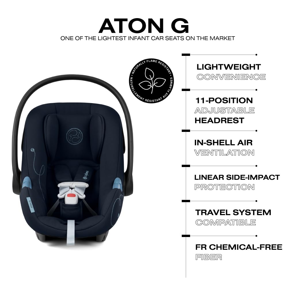 Cybex Aton G Infant Car Seat with Linear Side-Impact Protection, 11-Position Adjustable Headrest, in-Shell Ventilation, Easy-in Buckle, Safelock Base, Ocean Blue