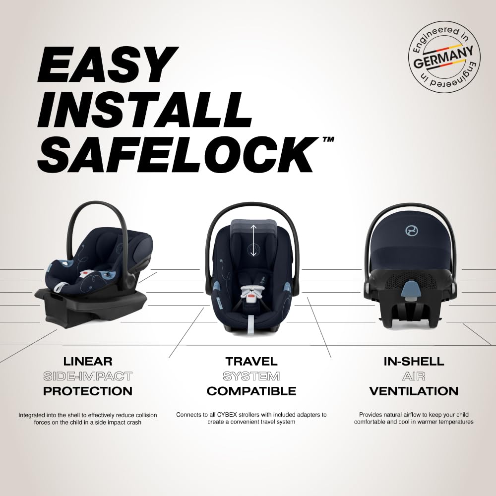 Cybex Aton G Infant Car Seat with Linear Side-Impact Protection, 11-Position Adjustable Headrest, in-Shell Ventilation, Easy-in Buckle, Safelock Base, Ocean Blue