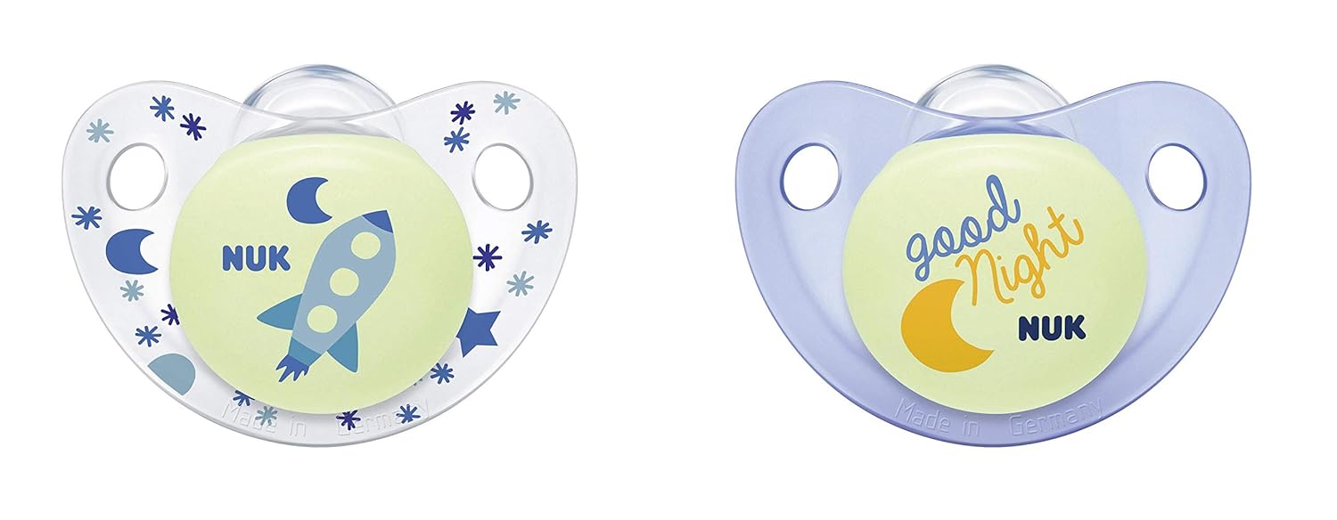 NUK Cute-as-a-Button Glow-in-The-Dark Orthodontic Pacifiers, Boy, 0-6 Months, 2-Pack