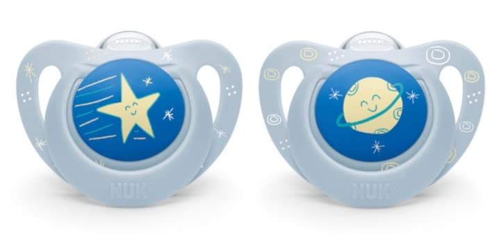 NUK | Orthodontic Pacifiers | 0-6 Months | Best Pacifier for Breastfed Babies | BPA Free | Shaped to Soothe Just Like Mom | 2-Pack (Outerspace Blue or Outerspace Purple(0-6 Month))