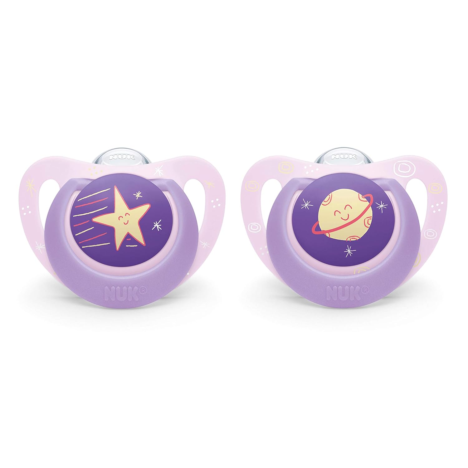 NUK | Orthodontic Pacifiers | 0-6 Months | Best Pacifier for Breastfed Babies | BPA Free | Shaped to Soothe Just Like Mom | 2-Pack (Outerspace Blue or Outerspace Purple(0-6 Month))