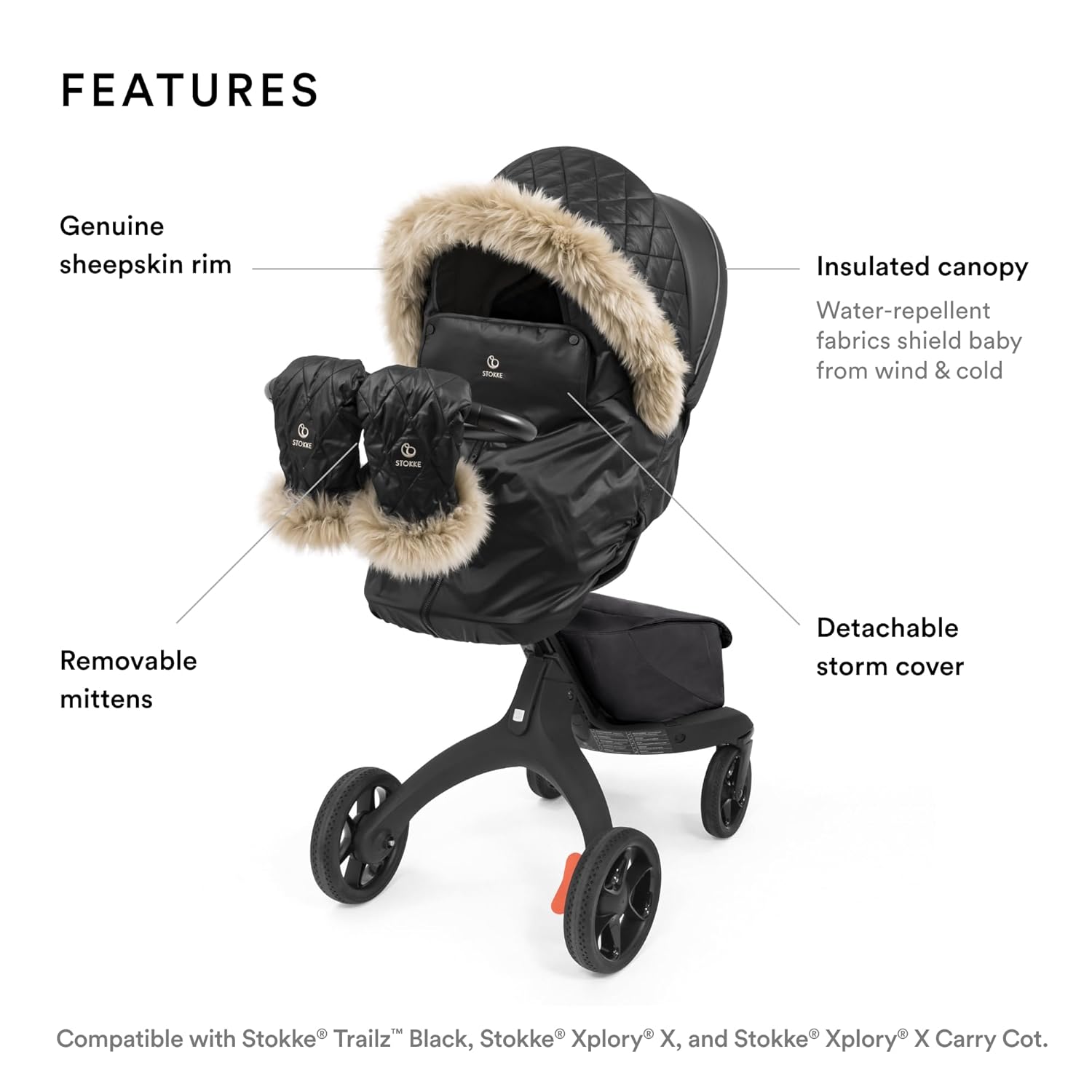 Stokke Xplory X Winter Kit, Onyx Black - Protects Baby from Cold Weather & Wind - Includes Fleece Mittens for Parents - PFC-Free Fabrics, Reflective Zipper, Genuine Sheepskin Rims