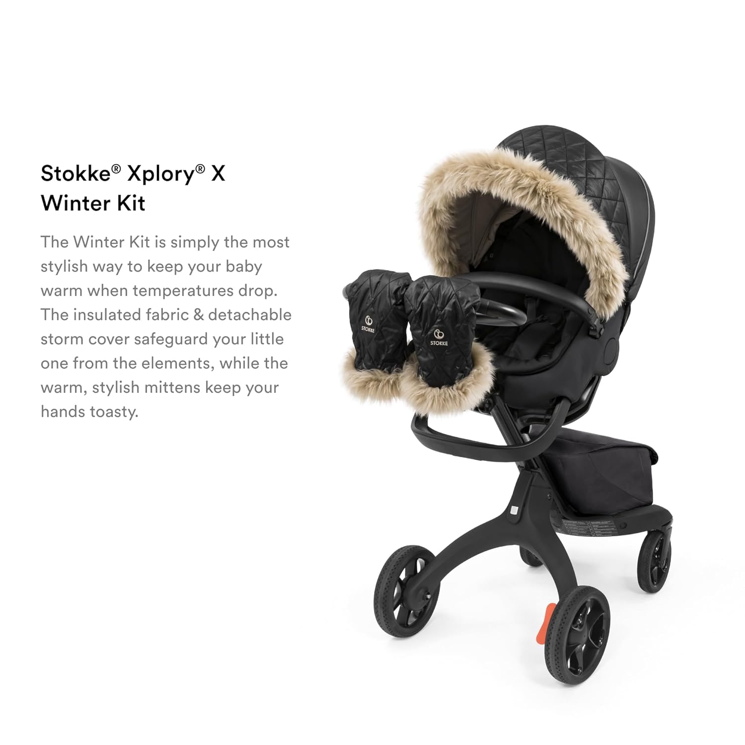 Stokke Xplory X Winter Kit, Onyx Black - Protects Baby from Cold Weather & Wind - Includes Fleece Mittens for Parents - PFC-Free Fabrics, Reflective Zipper, Genuine Sheepskin Rims