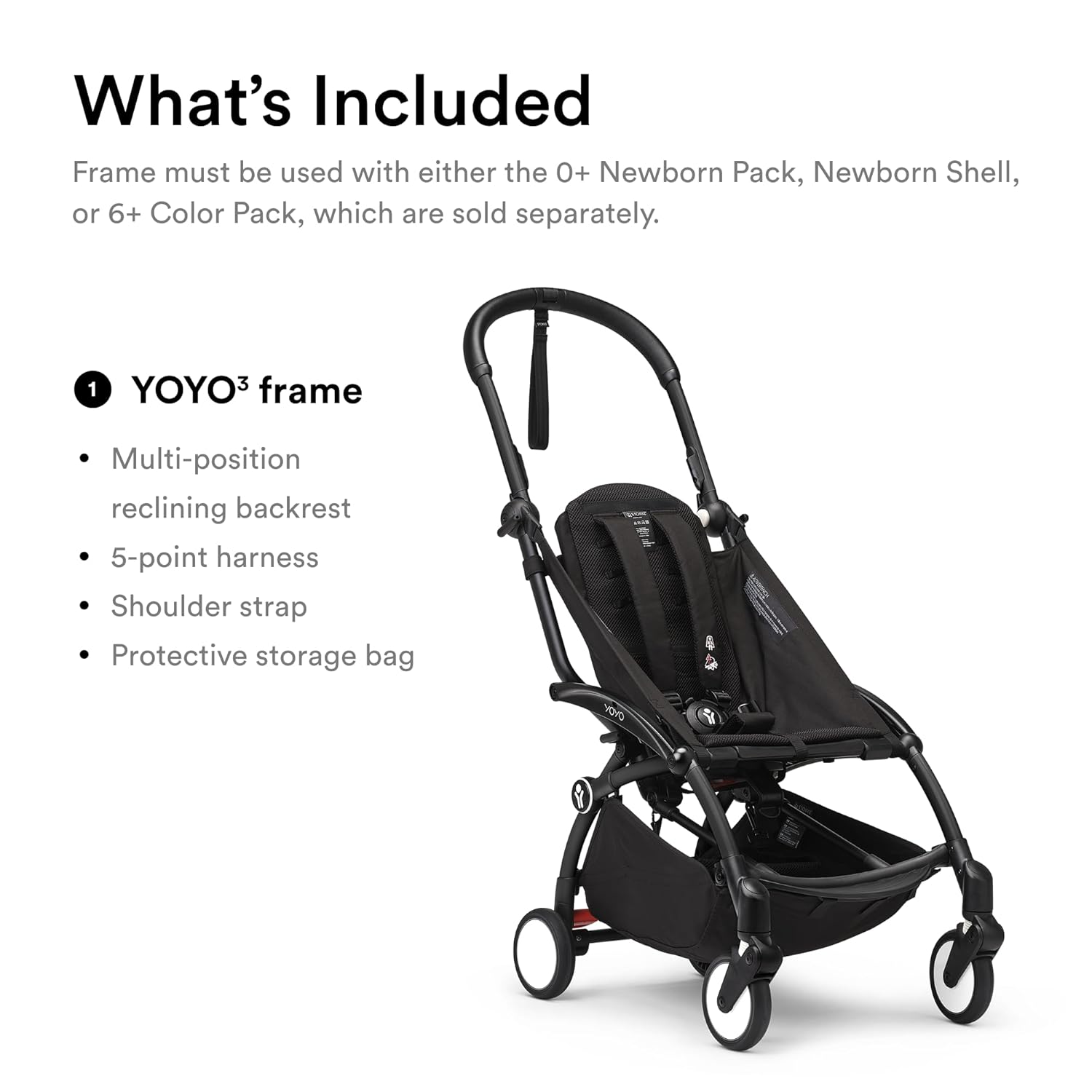 Stokke YOYO3 Frame, Black - Textile Set Not Included - Comes with 5-Point Harness, Multi-Position Reclining Backrest, Canopy Extensions, Padded Shoulder Strap & Protective Storage Bag